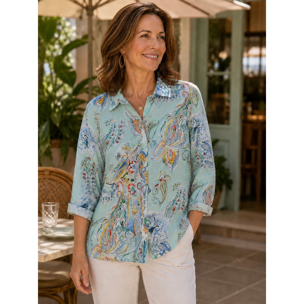 Chicos Effortless Linen Whimsy No-Iron Paisley Button Down Shirt Size 2 Large 12 - Picture 1 of 10